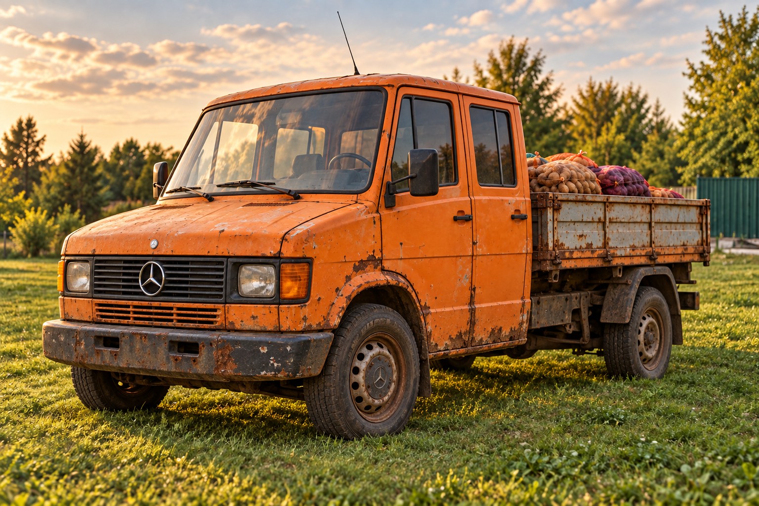 Prieš tiuningą: aplaužytas, surūdijęs oranžinis Mercedes mikroautobusas su dviguba kabina ir bortiniu kėbulu