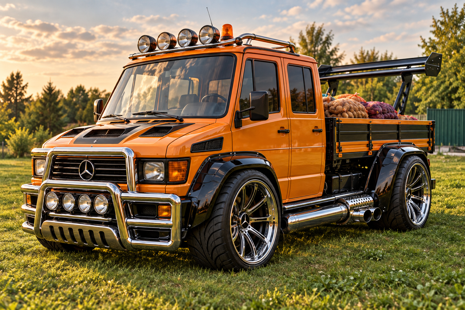 Humoristiškai prabangiai tiuninguotas oranžinis Mercedes su dideliais ratlankiais ir bulvių maišais kėbule